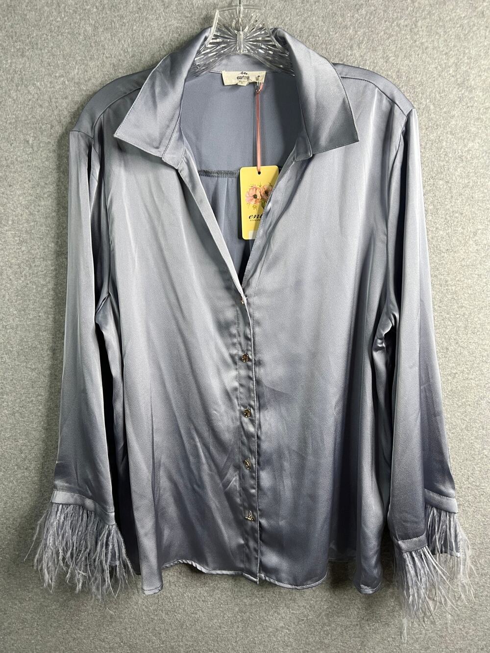 Entro NWT Satin Feathers Fringe Cuff Button Front Blouse – Size L